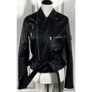 BARNEYS ORIGINALS Black Sheep Leather Motorcycle Biker Jacket Womens 10  w/Belt